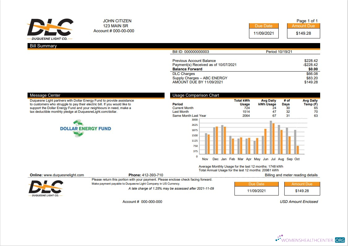 download USA Pennsylvania Duquesne Light Company (DLC) utility bill template in Word and PDF format PDF template